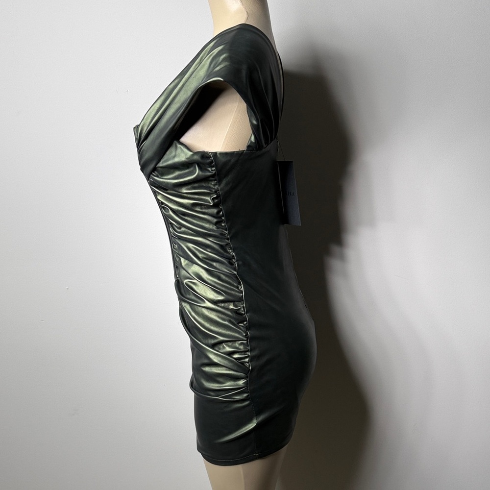 AKIRA Shimmering Dark Green Faux-Leather Ruched Mini Dress - Picture 6 of 9